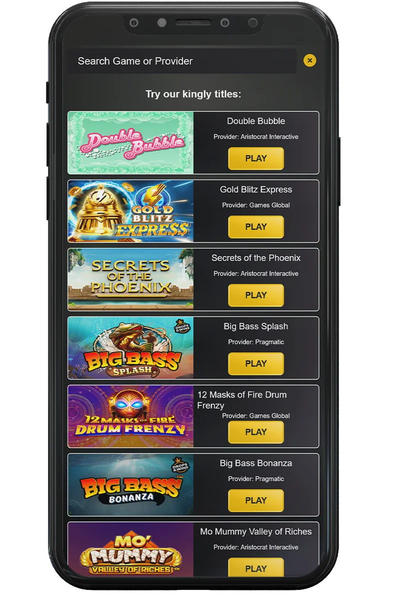 Screenshot of an online casino on a mobile phone
