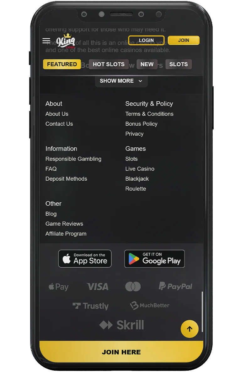 Screenshot of an online casino on a mobile phone